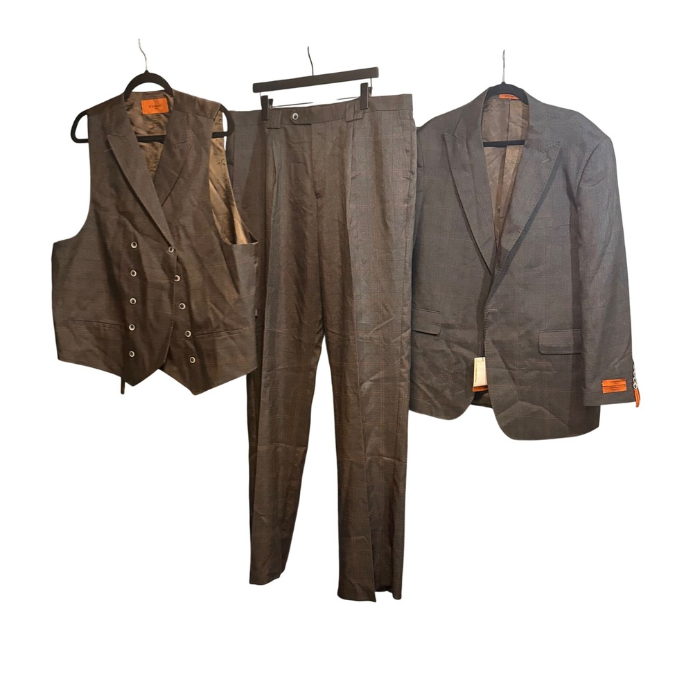 Statement Sorento Mens 3 Piece Suit 46L W40 Rust Plaid Super 150s Wool SB-1 New